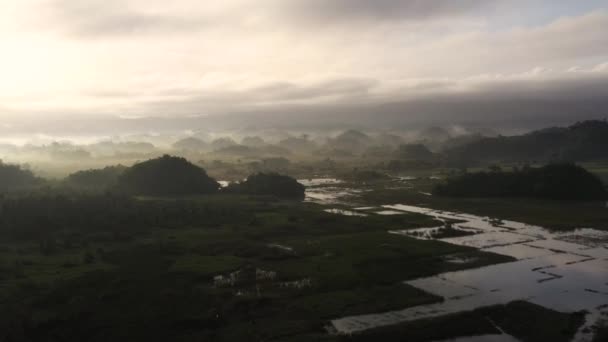 Paisagem com terras agrícolas e colinas verdes, vista aérea. Nevoeiro no início da manhã . — Vídeo de Stock