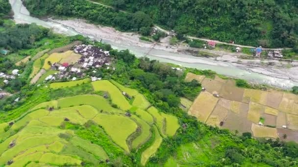 Vesnice se nachází v údolí mezi rýžovými terasami. Pěstování rýže na severu Filipín, letecký pohled. — Stock video