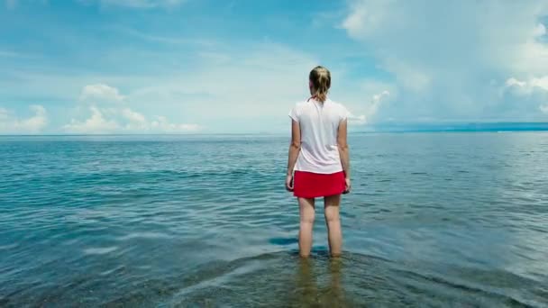 Žena stojí v moři proti modré obloze. — Stock video