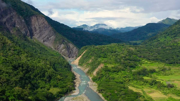 Mountains covered by rainforest, aerial view. River in a mountain gorge.