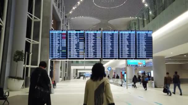 Žena na mezinárodním letišti při pohledu na letovou informační tabuli. — Stock video