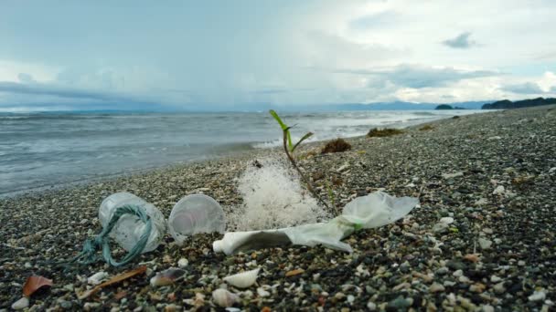 Пляж загрязнен пластиком и отходами. — стоковое видео