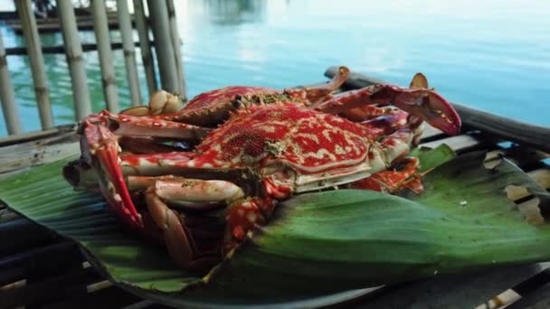 Gekookte krab op een bananenblad. — Stockvideo