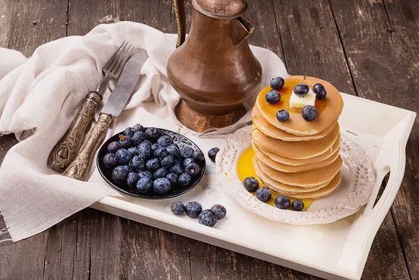 Pancakes on Rustic Wooden Board — Stock Photo, Image