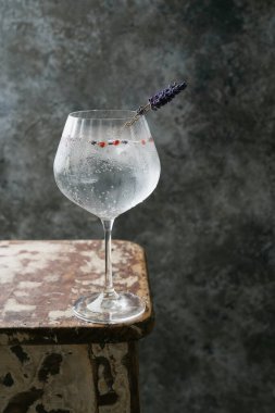 Alkol içeceği. Cin ve tonik karışımı, otlar, baharatlar ve kırsal arka planda buzla servis edilir. Seçici odak