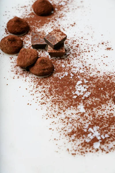 Chokladgodis Tryffel Och Chokladbitar Beströdda Med Kakao Damm Och Havssalt — Stockfoto