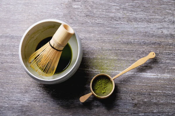 Zubereitung Von Matcha Tee Verschiedene Matcha Tee Utensilien Auf Grauem — Stockfoto