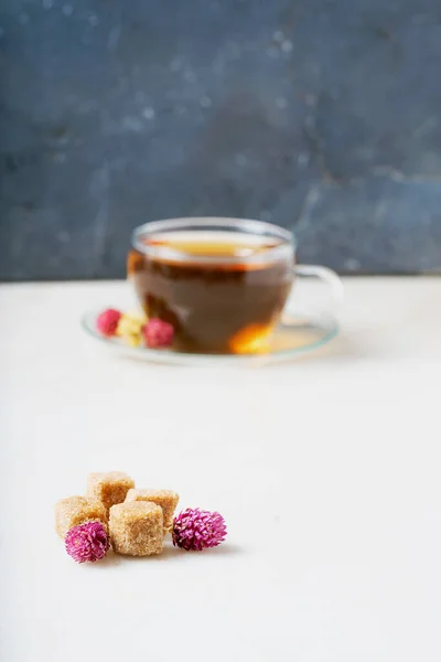 Cup of herbal tea over white marble background decorated with dried globe amaranth flowers, greec mountain tea and brown sugar cubes. Side view. Selective focus.