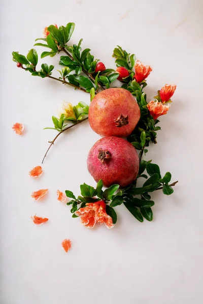 Fruits Grenade Décorés Branches Pétales Fleuris Grenade Sur Fond Marbre — Photo