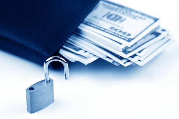 Business safety or financial protection or allow access. Heap of money in chain with open padlock isolated on white