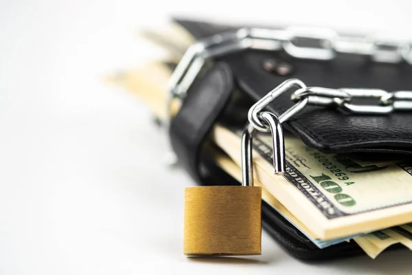 Business safety or financial protection or allow access. Heap of money in chain with open padlock isolated on white — Stock Photo, Image