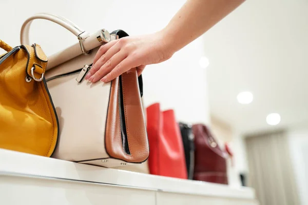 Woman taking her favourite handbag from collection of expensive fashinable bags standing on the shelf