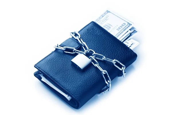 Concept of business safety or financial protection or restriction access. Wallet in chain with padlock isolated on white — Stock Photo, Image