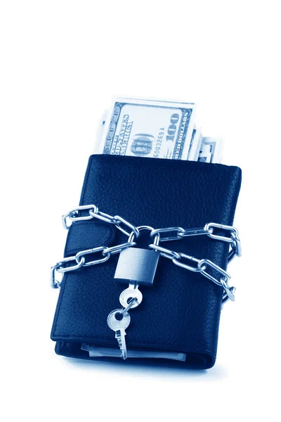 Concept of business safety or financial protection or restriction access. Wallet in chain with padlock isolated on white — Stock Photo, Image