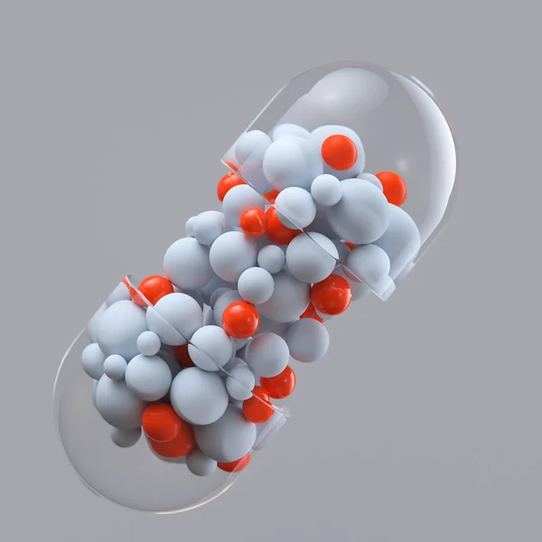 Detailní otevření tobolky nebo pilulky antibioidní lék proti bolesti s mnoha sférami medicíny uvnitř. Zdravotní lékařská koncepce. 3D vykreslení — Stock fotografie
