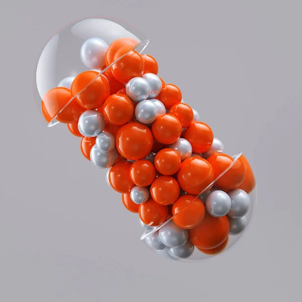 Primo piano capsula aperta o pillola antidolorifico antibiotico con molte sfere medicina all'interno. Concetto medico sanitario. rendering 3d — Foto Stock