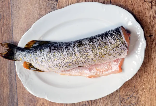 Свежая рыба, щука на тарелке — стоковое фото