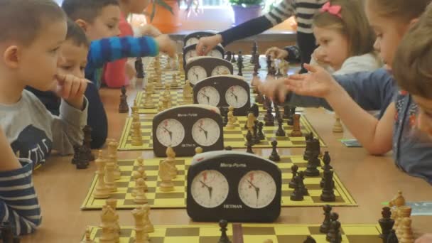 Okul öncesi yaş arası çocuk oturup Chessboards ve satranç turnuvası için çocuklar Organizatör satranç kulübü "Kara Şövalye" sınıfta Opole oyunu — Stok video