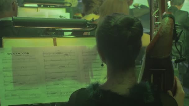 Rock Symphony Concert Kiev välklädd harpist kvinna violinister i en smoking grönt ljus musiker spelar anteckningar på står belysning Dark Hall — Stockvideo