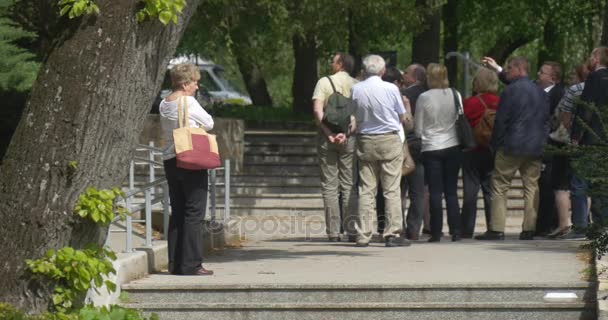 Tag der Stadt in Oppeln Gruppe von Menschen im Park hört Führerin Frau steht getrennt und telefoniert Radler Mann fährt sonnigen Tag grüne Bäume — Stockvideo