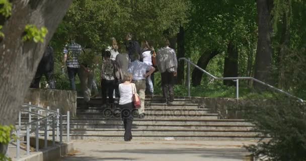 Día de la ciudad en Opole Grupo de personas subiendo escaleras Mujer solitaria bajando las escaleras Personas de diferentes edades en Excursión en el exuberante parque de primavera — Vídeo de stock