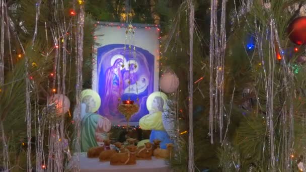 An Old Icon of Saint Mary Placed in Fir Tree, Installed in an Old Orthodox Cathedral on the Eve of New Year`s Day in Kiev — Stock Video