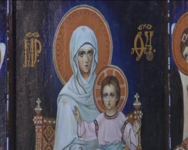 Aziz Meryem ve İsa bebek koyu mavi arka planda Tapınağı All Saints Kiev, Ukrayna ile Ortodoks bir simge