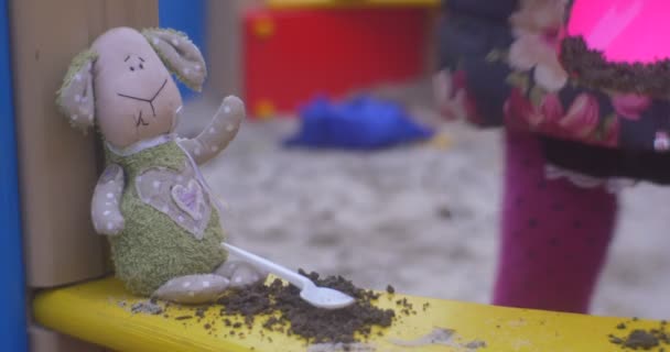 Μαλακό παιχνίδι αρνί σε ένα Sandbox. — Αρχείο Βίντεο