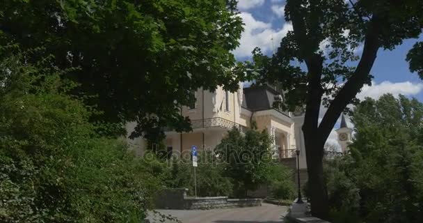 Conte de fées Green Park Lane avec de vieux lampadaires et des buissons verts bien entretenus menant au théâtre de marionnettes académique de Kiev — Video