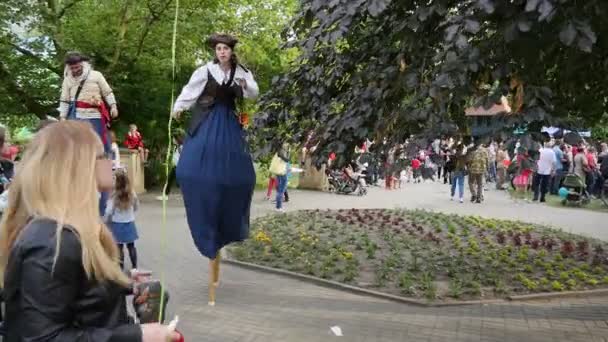 Due pagliacci pirata guardando su Stilts intrattenere le persone, essendo alto e divertente, ed essendo circondato da numerose persone in una zona verde Park in una giornata soleggiata in estate — Video Stock