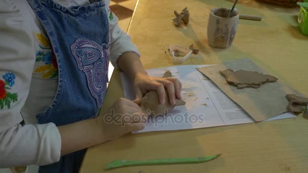 Clay dolfijn wordt gemaakt door een fijn op zoek kleine Blonde meisje die gebruik maakt van een houten stok aan vorm Her stuk van klei, terwijl zich in een pottenbakkerij — Stockvideo