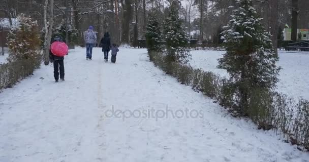 Familie Spaziergänge auf Schlitten schneebedeckten Pfad im Park Mann Frau und zwei Jungen gehen entlang Tannen in Gasse grauen Himmel Winter frostigen Tag Urlaub Winteraktivitäten