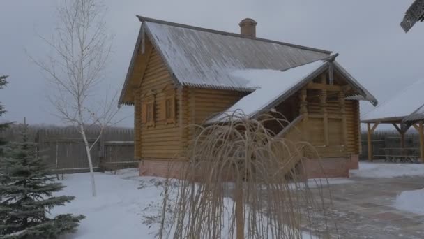 Rustic Cottages Orthodox Monastery Picturesque Wooden Skit of All Saints in Sviatogorskaya Lavra High Log Fence and Fir Trees Are Around Winter Landscape — Stock Video