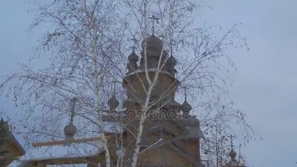 Log Church Skit Vsekh Svyatykh of Sviatogorsk Lavra Holy Mountains Lavra Surrounded With Old Log Fence and a Row of Birches Wintery View Silhouettes — Stock Video