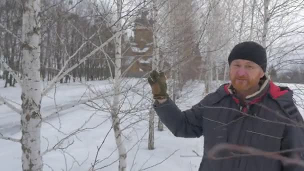 Man lopen via een berken tv Host is praten toeristische geeft uiting aan zijn gevoelens Sviatogorskaya Lavra op de achtergrond Winters aanblik van Nationaal Park — Stockvideo