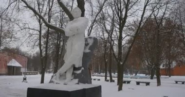 Konotop siluetleri yürüyüş tanığımız akşam küçük il şehirde kış parkta Aleksandr Puşkin heykel Noel şerefine anıt