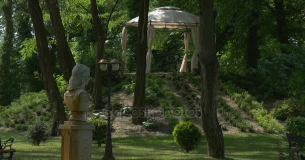 Tenda del partito in statua del parco Busto bianco Estate Sunny Paesaggio Prati ben curati e cespugli Banchetto di nozze all'aperto Festa Celebrazione in natura — Video Stock