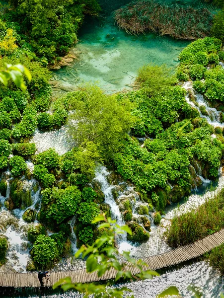 Pool and watrefalls through greenery covered rocks and walkway P — Stock Photo, Image