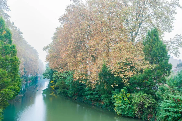 Cores de árvore na névoa da manhã que reveste uma curva no Canal Du Midi em Tou — Fotografia de Stock