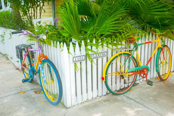 Due biciclette dipinte vivacemente appoggiate sul picchetto recintato su residen — Foto Stock