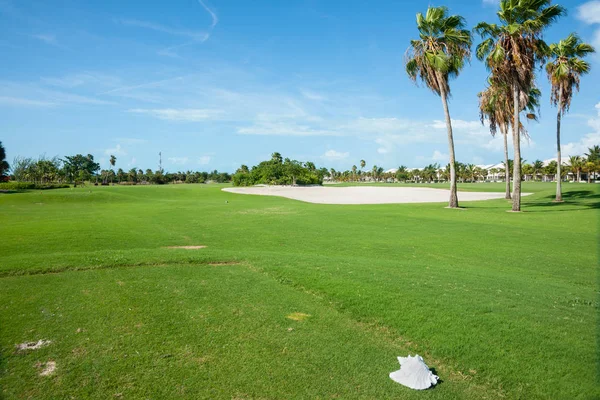 Palm trees cast shadow over golf course fairway with sand bunker — Stock Photo, Image