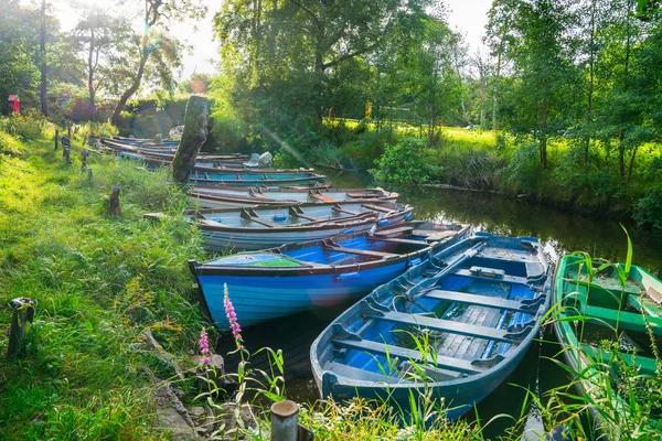 Αναλαμπή φακού από τον ήλιο το πρωί μέσα από δέντρα και σε vintage rowboats — Φωτογραφία Αρχείου