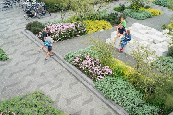 Zaprojektowany ogród publiczny ogród z kwiatami, drzewami rzeźby i peo — Zdjęcie stockowe
