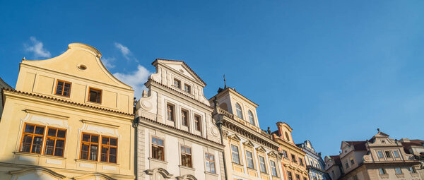 Architectural gable selection of several different gable facades on row house buildings in Prague.