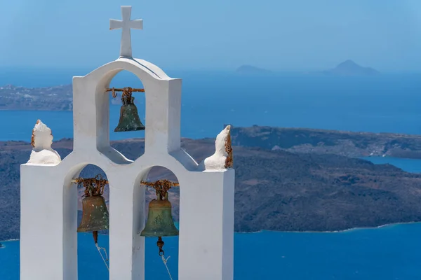 Three church bells with Mediterannean landscape — 스톡 사진