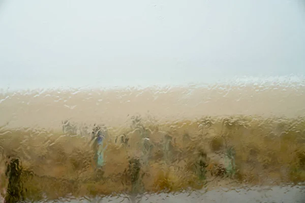 Blurred effect beach landscape through rain covered window outlook to Mount Maunganui Main Beach, New Zealand.