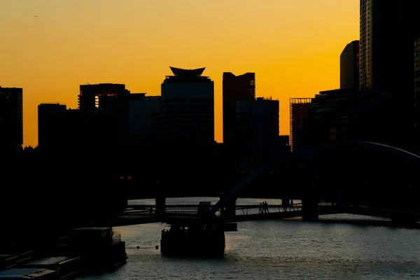 Melbourne Commercial Skyline Both Sides Yarra River Sunset — Stock Photo, Image