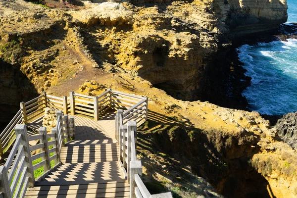 Shadow Pattern Railing Wooden Steps Leading Natural Arch Bridge Grotto — 스톡 사진