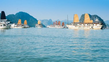 Halong Körfezi Vietnam - 23 Ekim 2013; Vietnam 'daki güzel dramatik ve sakin turizm merkezi Junks ve turizm tekneleri.