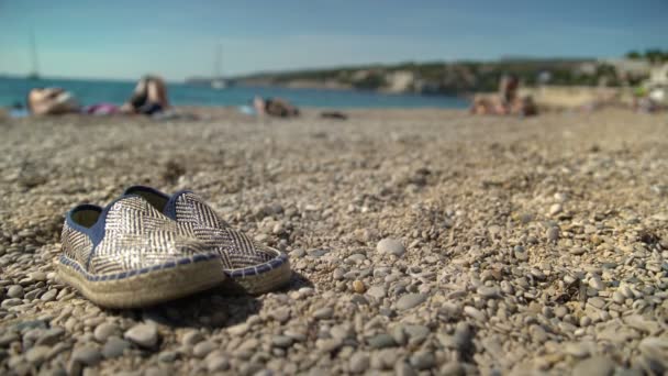 Vrouw Voeten Wandelingen Rocky Beach Een Vrouw Loopt Langs Een — Stockvideo